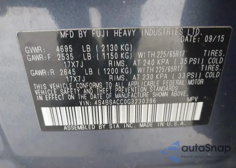 2016 Subaru Outback 2.5I Premium from USA, damaged, VIN 4S4BSACC0G3230396